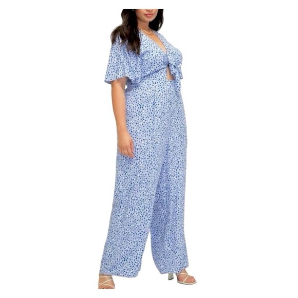 Eloquii Pants - Eloquii Elements Short Sleeve Cutout Midriff Blue Pattern Jumpsuit Size 20